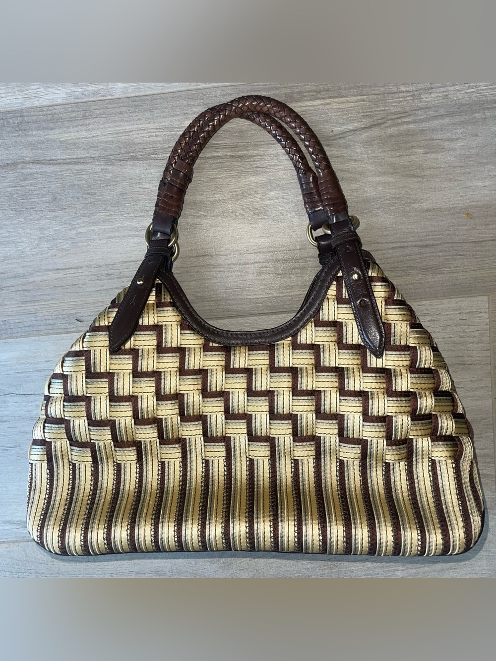 Cole Haam Woven Brown & Cream Triangle Tote Sholder Bag Braided leather Handles